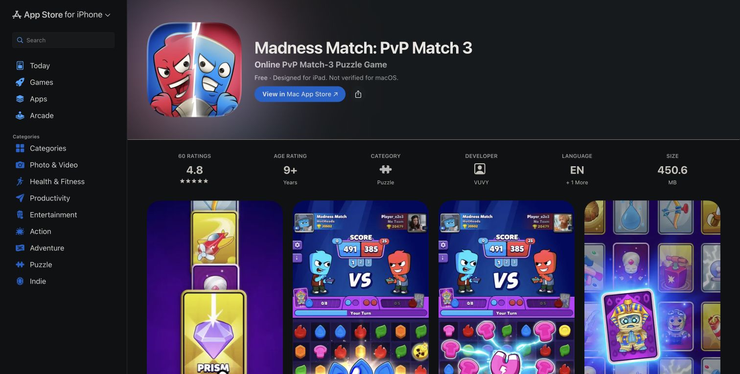 Madness Match: PvP Match 3 store page and gameplay